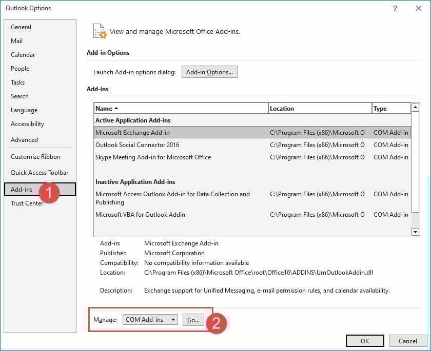 Manage and disable add-ins in Outlook options.