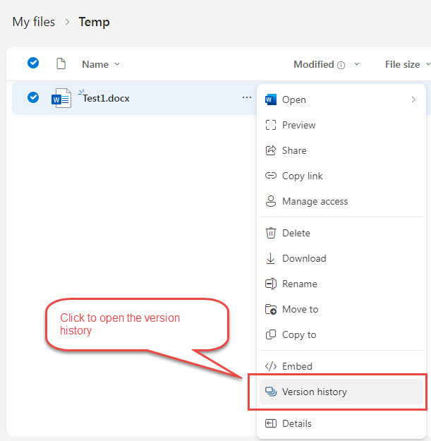 Open the version history for a file in OneDrive.