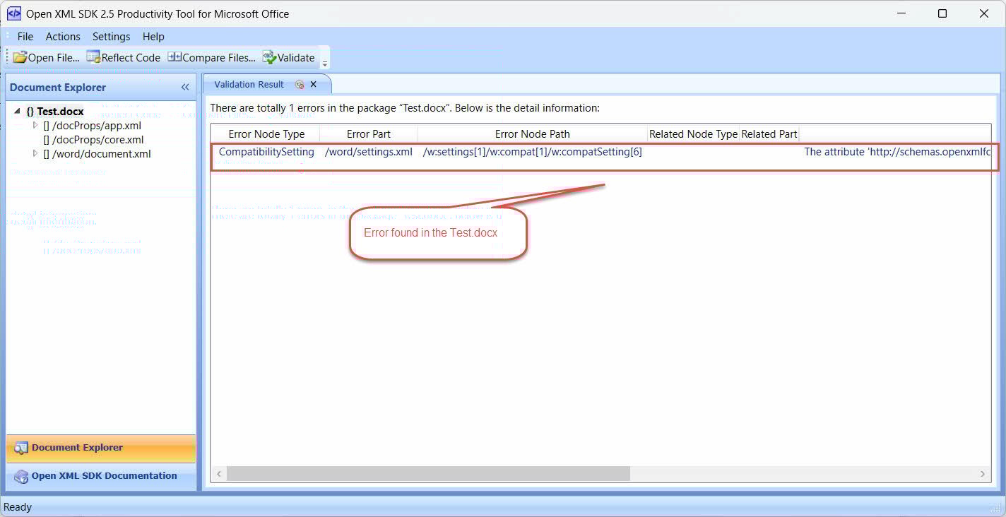 Use the Open XML SDK Tool to get the validation results of a DOCX file.