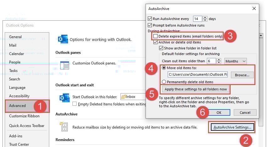 Set AutoArchive settings in Outlook to prevent deleting items by mistake.