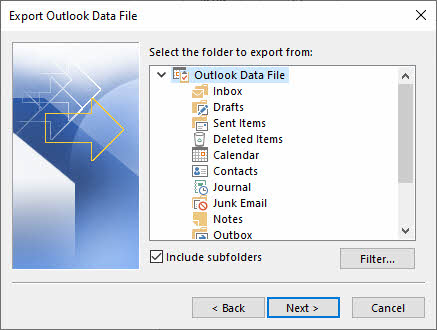 Export emails to an Outlook data file(.pst) in Outlook.