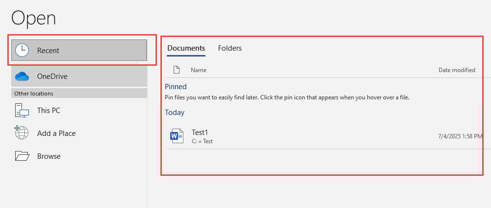 Recent documents in Word.