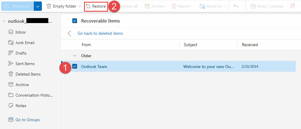 List of recoverable items in "Recover Deleted Items" tool (Outlook for Web) (OWA).