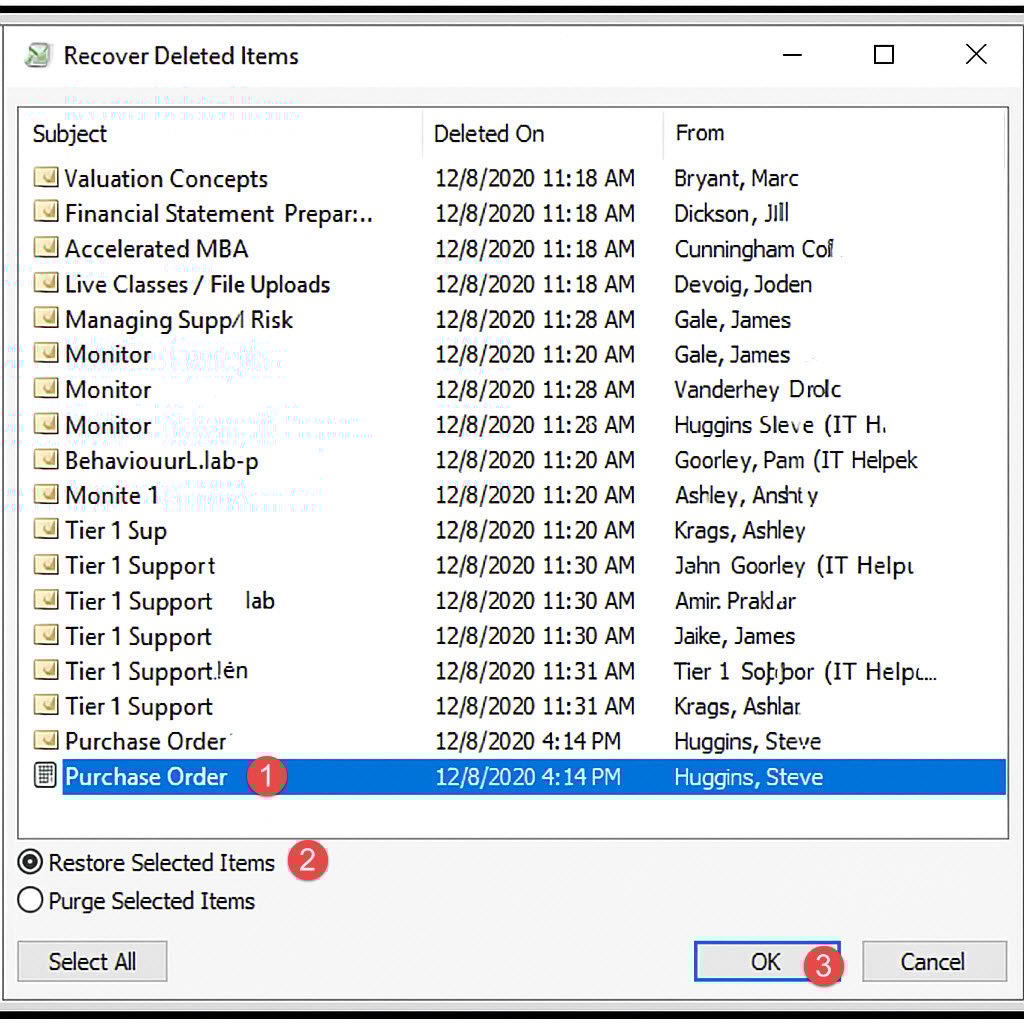 List of recoverable items in "Recover Deleted Items" tool.