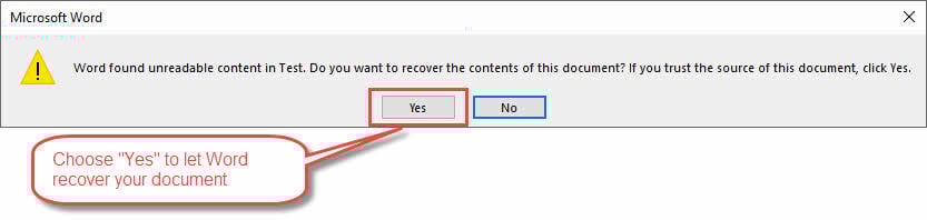 A sample prompt asking user whether to recover the contents of the document.