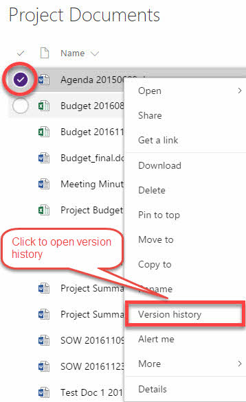 Open the version history for a file in SharePoint.