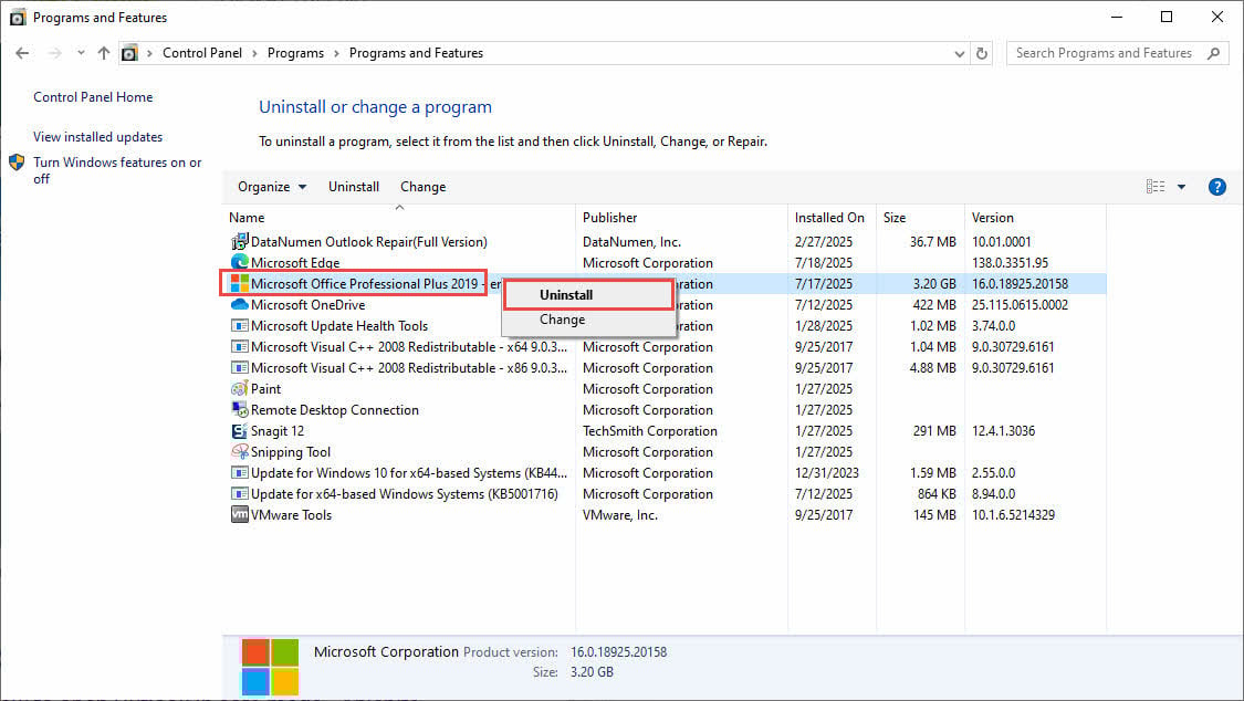 Uninstall Microsoft Office in Control Panel.