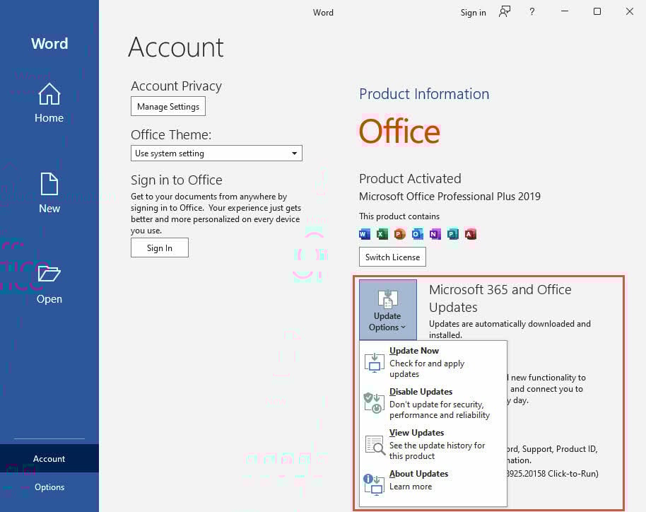 Update Microsoft Office in Word if Outlook won't start.