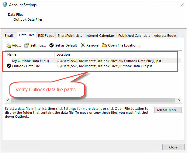 Verify Outlook data file paths are correct in Mail settings.