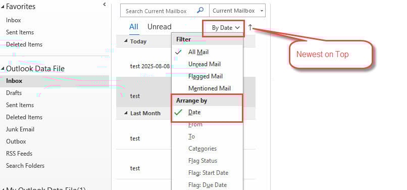 In Outlook Inbox, arrange the emails by date, newest on top.