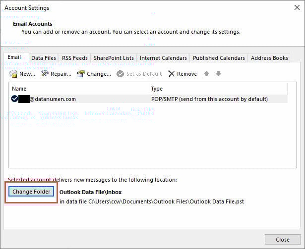 Change the email delivery location in Outlook account settings.
