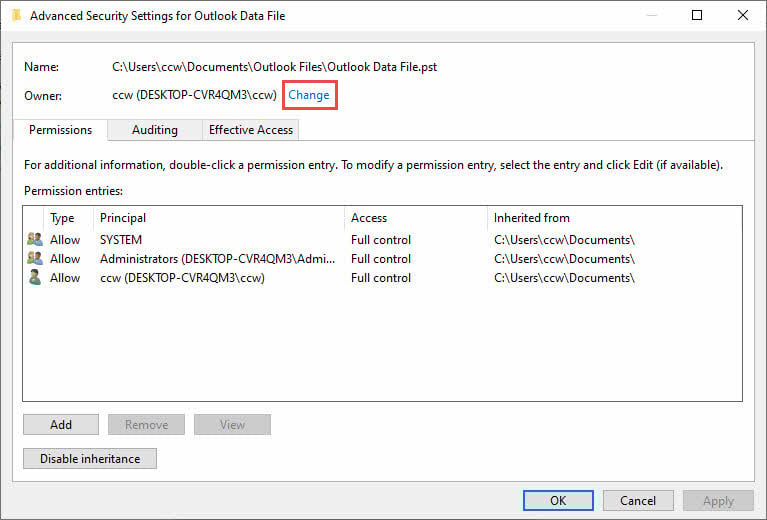 Change the owner of the Outlook data file.