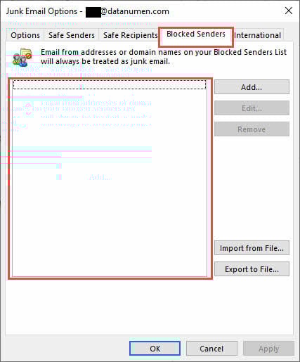 Check the blocked senders in junk email options in Outlook.