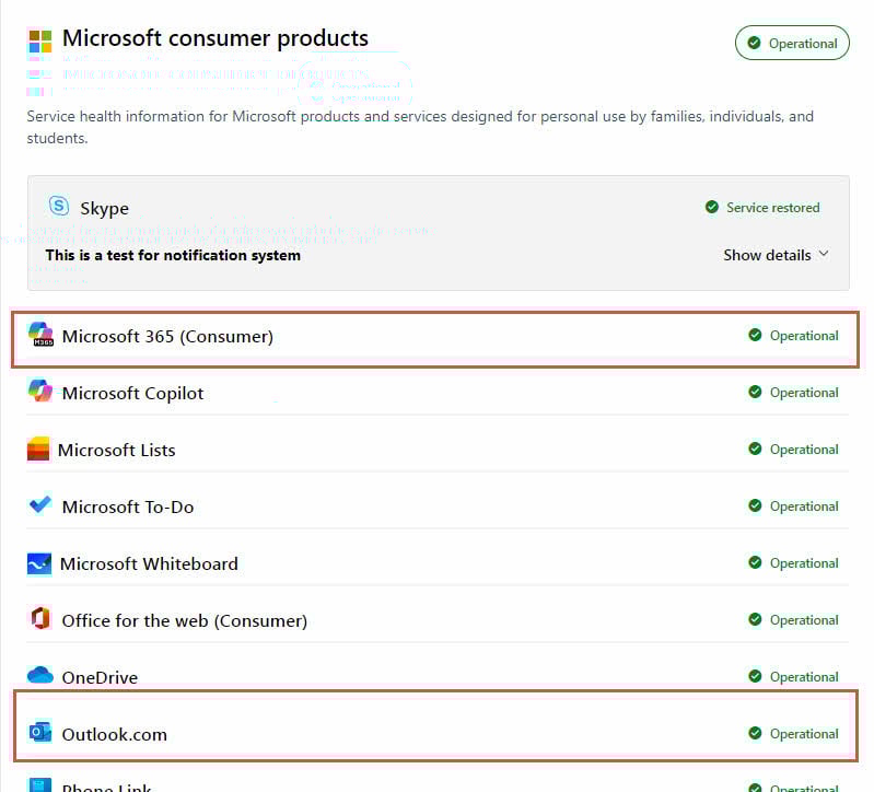 Check Microsoft Service Health Status page for new Outlook app.