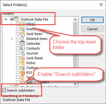 Check the top-level folder in "Advanced Find" dialog.