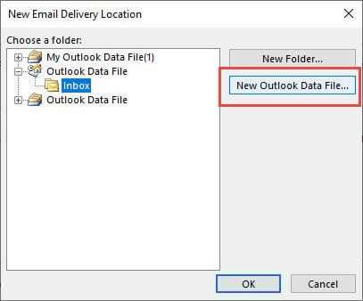 Create a new data file as the email delivery location in Outlook account settings.