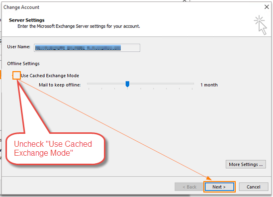Disable Cached Exchange Mode in Outlook
