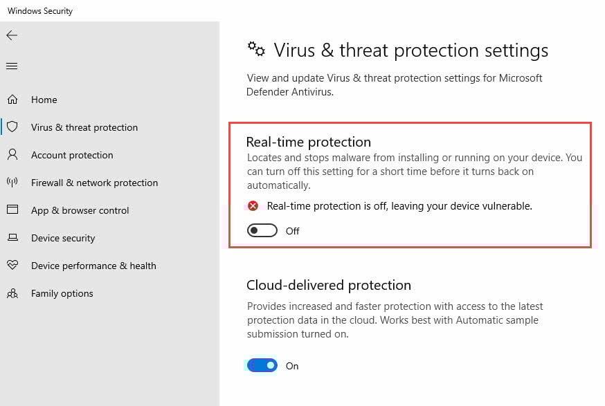 Disable the real-time virus & threat protection in Windows settings.