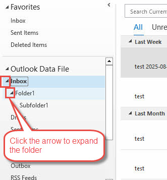 Click the arrow to expand the folder in Outlook.