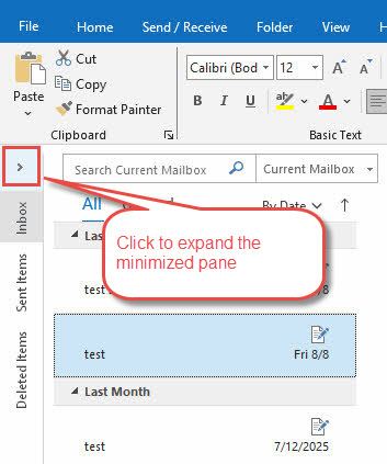 Click the arrow to expand the minimized "Folder Pane" in Outlook