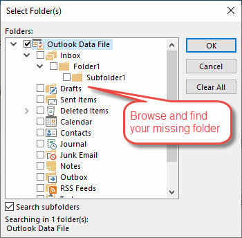 Browse and find the missing folder in "Advanced Find" dialog