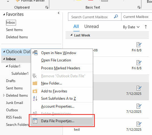 Get the data file properties in Outlook.