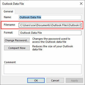 Get the Outlook data file path.