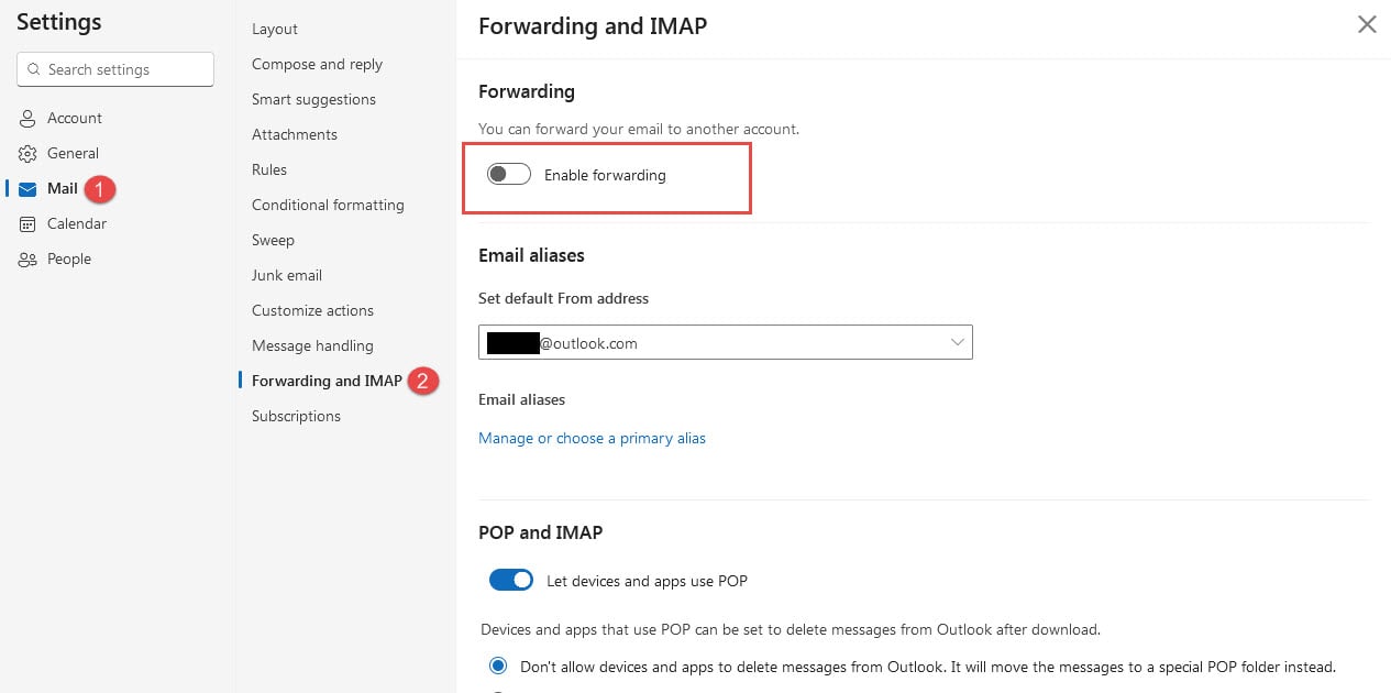 Check mail forwarding in Outlook.com settings to fix the "Outlook not receiving emails" problem