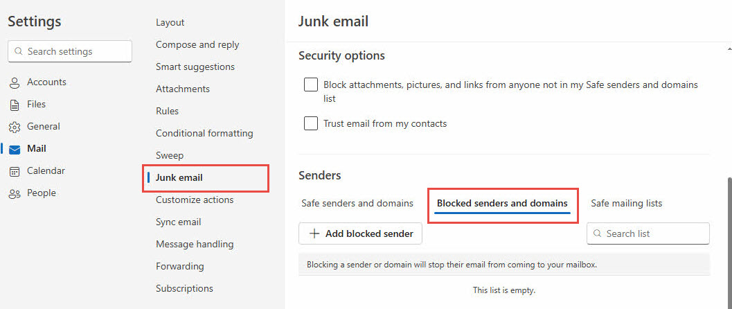 Check the blocked senders list in new Outlook app settings (Windows).