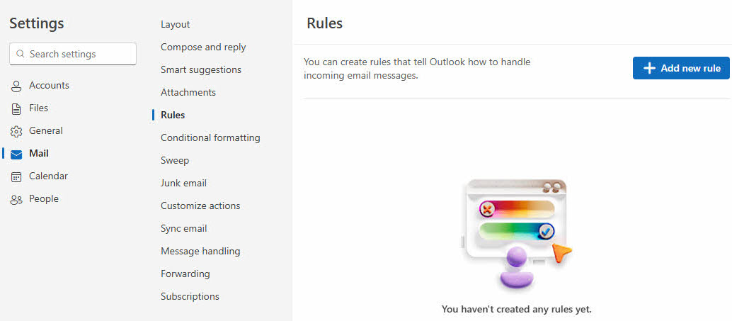 Check the rules in new Outlook app settings (Windows).