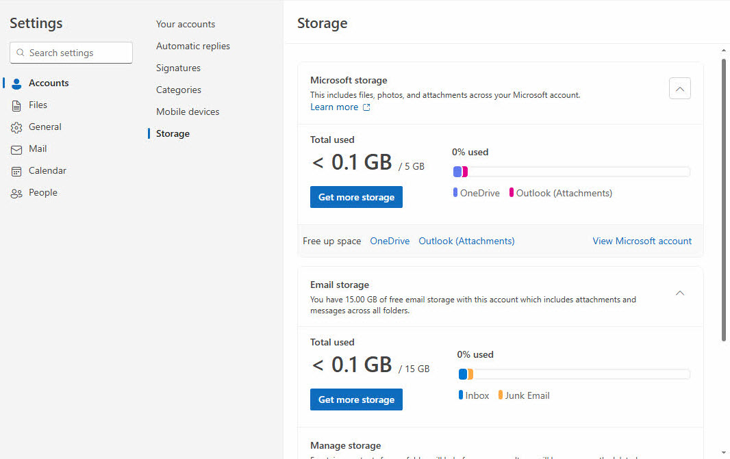 Check the storage information of the mailbox in new Outlook app (Windows).