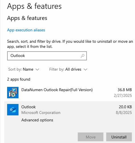 Click "Advanced Options" for Outlook in Windows Settings/Apps.