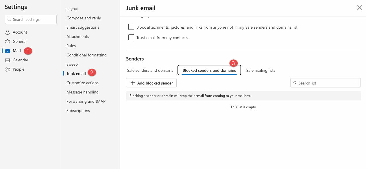 In Outlook (Web version), check blocked senders and domains in junk email settings.