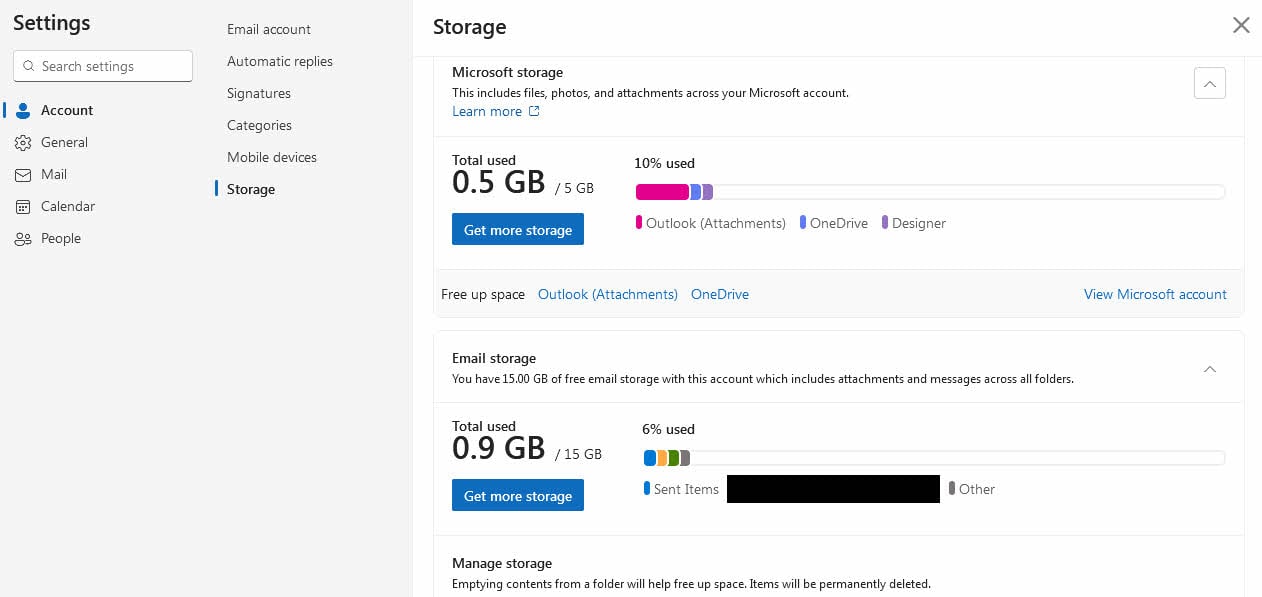 Check mailbox storage in Outlook.com settings to solve the issue that Outlook not receiving emails.