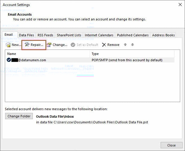 Repair the email account (SMTP & IMAP) settings in Outlook, to fix the "Outlook Inbox not updating" error.