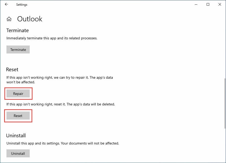 Repair or reset Outlook in advanced options.