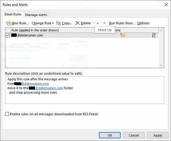 Manage rules and alerts in Outlook to solve the "Outlook Inbox not updating" problem