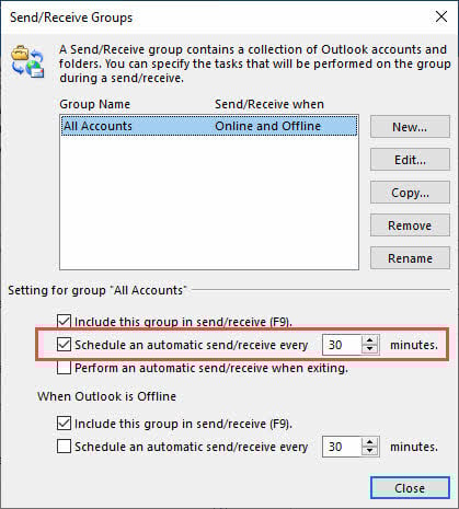 Configure Send/Receive Groups in Outlook.