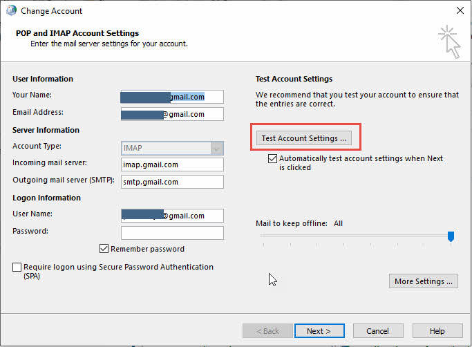 Test account settings in Outlook
