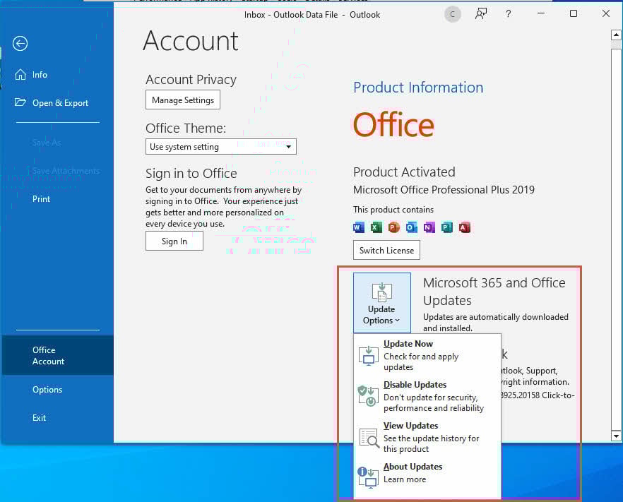 Update Microsoft Office in Outlook.
