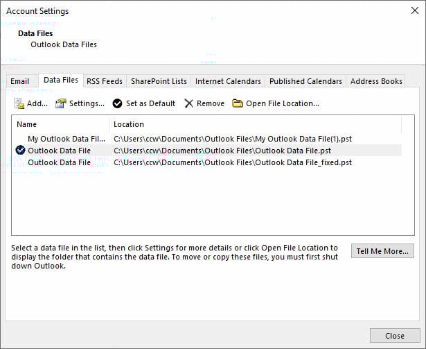 Update the Outlook data file path if it is incorrect.