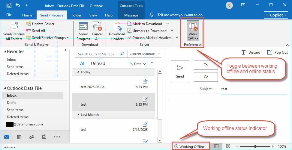 Check and change the working offline status in Outlook to solve the "Outlook Inbox not updating" problem.