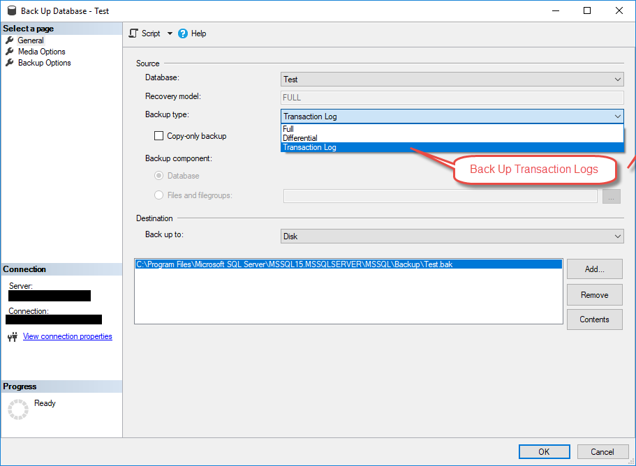Change backup type to transaction log