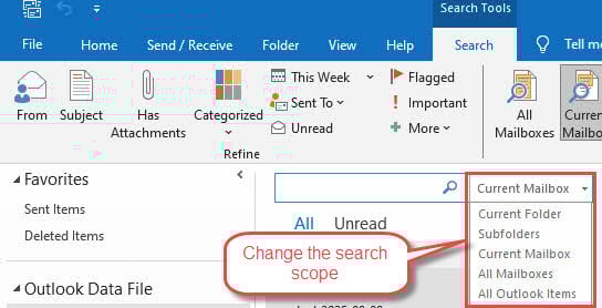 Change the search scope to "All Outlook Items" in Outlook.