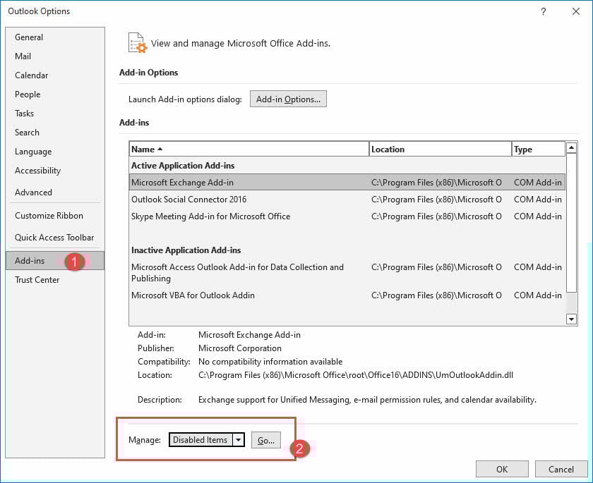 Check the disabled addins in Outlook options.