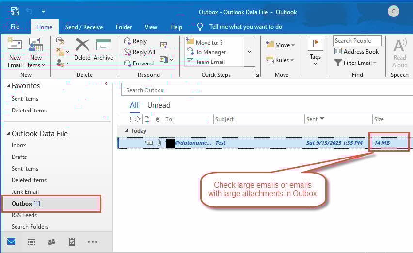 Check large emails or emails with large attachments in Outbox, to fix the issue that Outlook will not send emails.