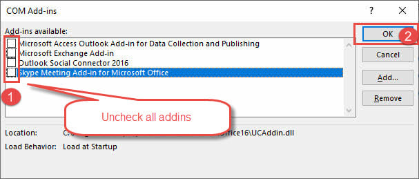 Disable all addins in Outlook.