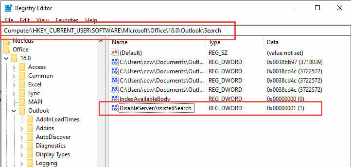 Add the DisableServerAssistedSearch registry value to HKEY_CURRENT_USER\Software\Microsoft\Office\16.0\Outlook\Search.
