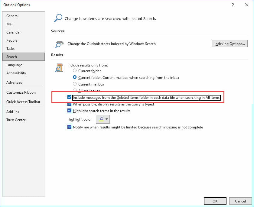 Enable "Include messages from the Deleted Items folder in each data file when searching in All Items" in Outlook options.