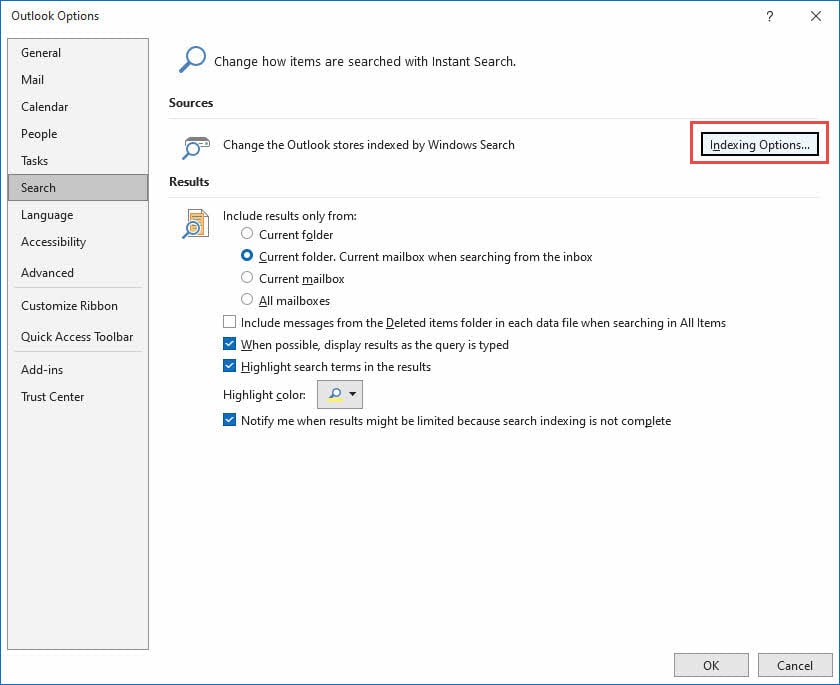 Rebuild the Outlook search index from the indexing options in Outlook.